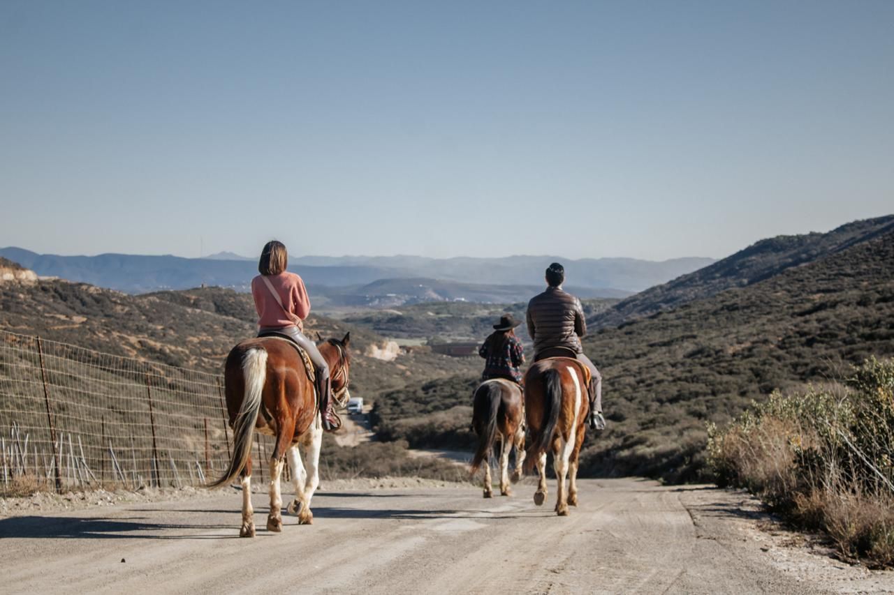 Dos personas a caballo en un camino rural de tierra en un paisaje montañoso árido.