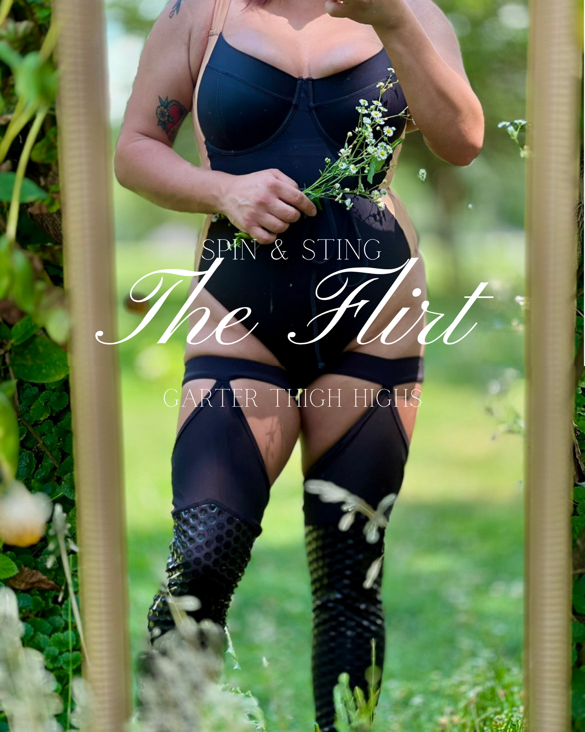 Woman in black lingerie standing outdoors between wooden posts, holding babies breath flowers. Sticky Grippy Pole-wear
