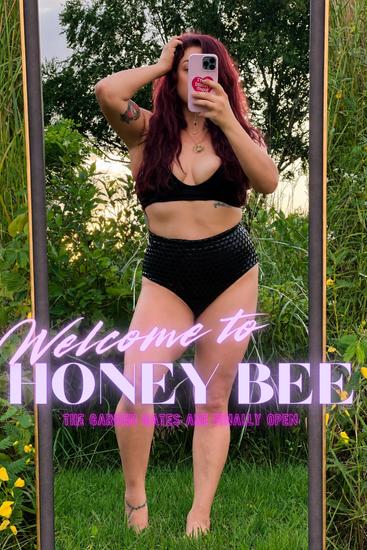 Honey Bee Pole Woman in black outfit taking a mirror selfie outdoors, with “Welcome to Honey Bee” text overlay. Sticky Grippy Pole-wear