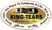 King-Tears Mortuary, Inc. oval logo with gold border and black text on tan background
