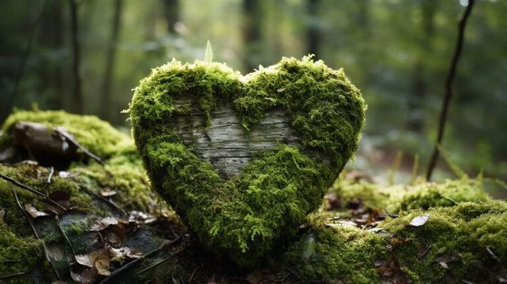 Moss-covered heart-shaped stump in a forest with soft green blurred background
