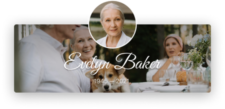 Memorial collage with a portrait, wedding scene, and the name Evelyn Baker with dates
