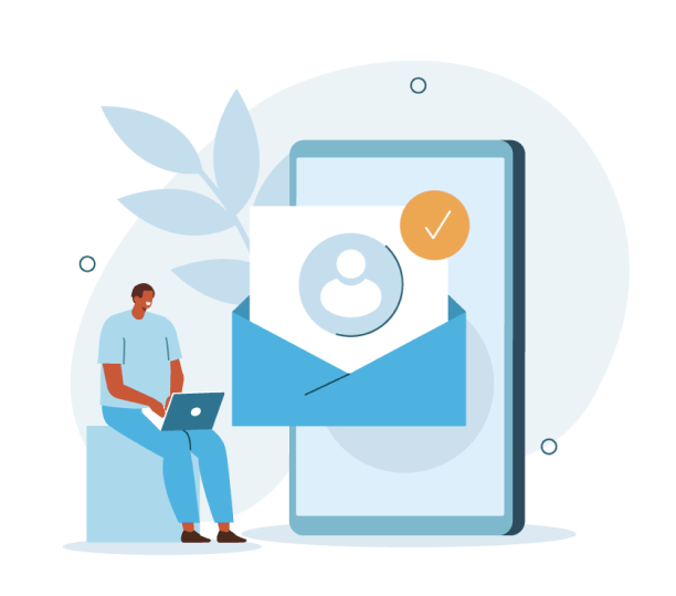 Person with laptop beside a smartphone showing an email envelope and profile icon, blue-themed digital illustration