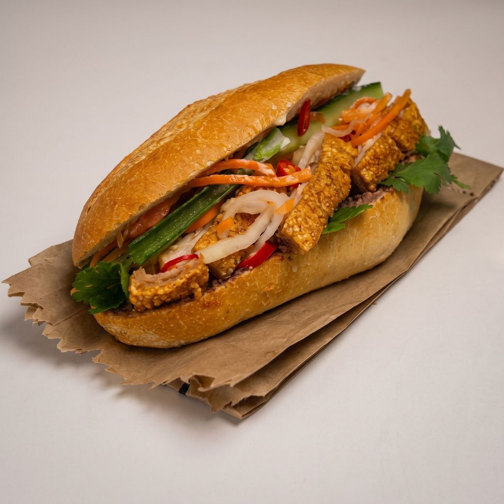 Sub sandwich with vegetables and sauce on brown paper wrap