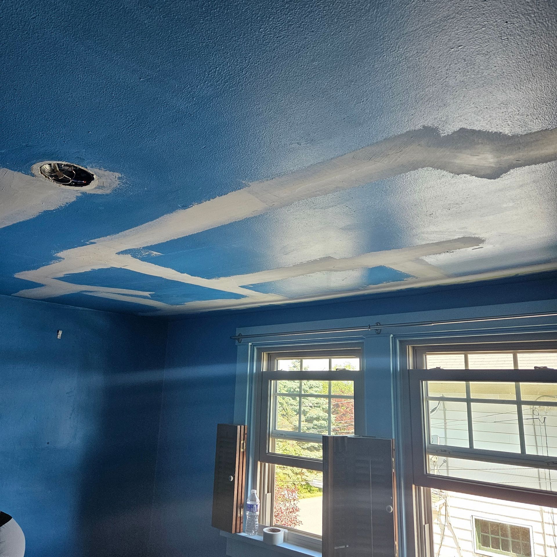 Blue room with white trim on the ceiling. Two windows and a black vent are visible.