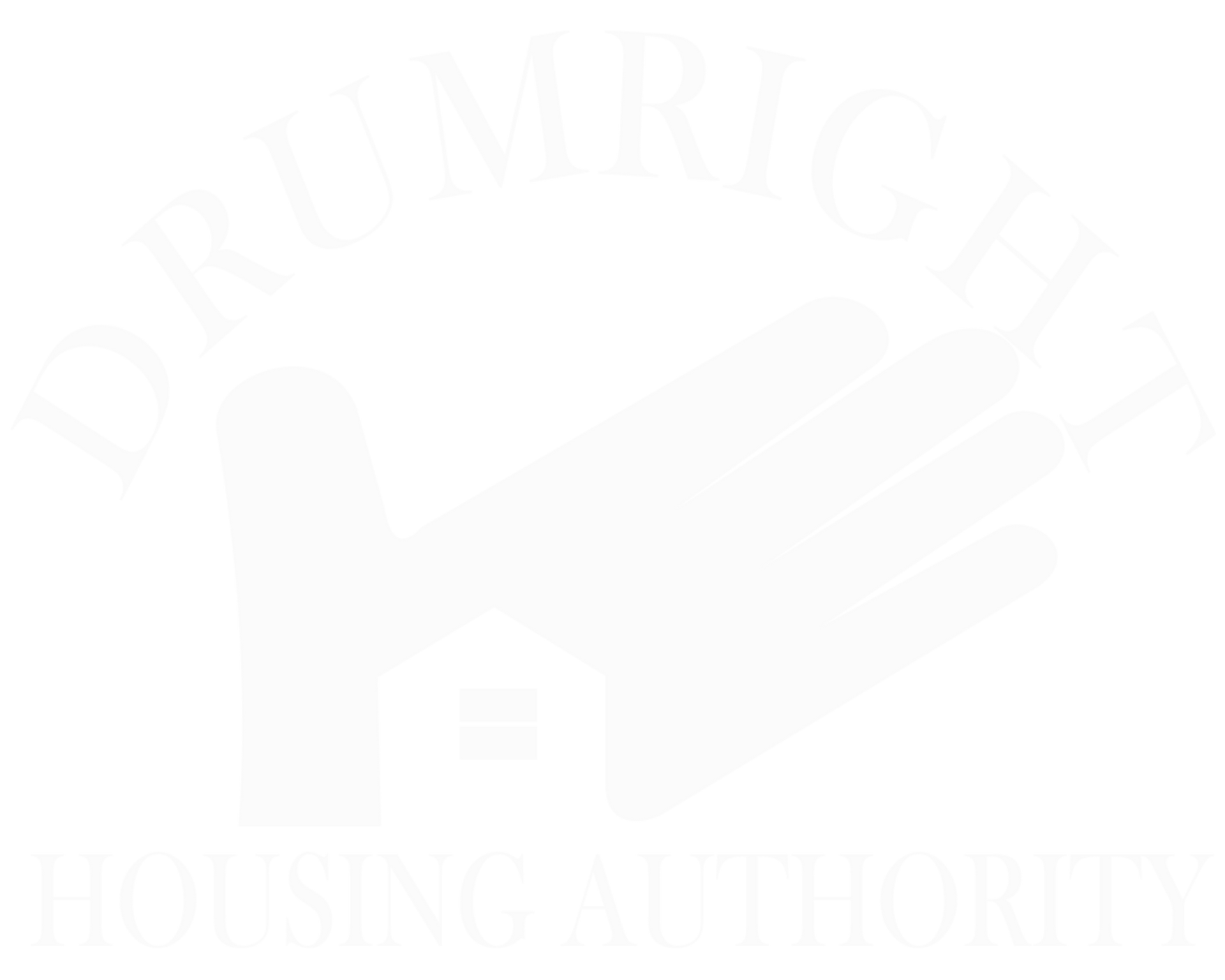 Logo for the Drumright Housing Authority featuring a white silhouette of a hand cupping a small house icon.