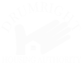 Logo for the Drumright Housing Authority featuring a white silhouette of a hand cupping a small house icon.