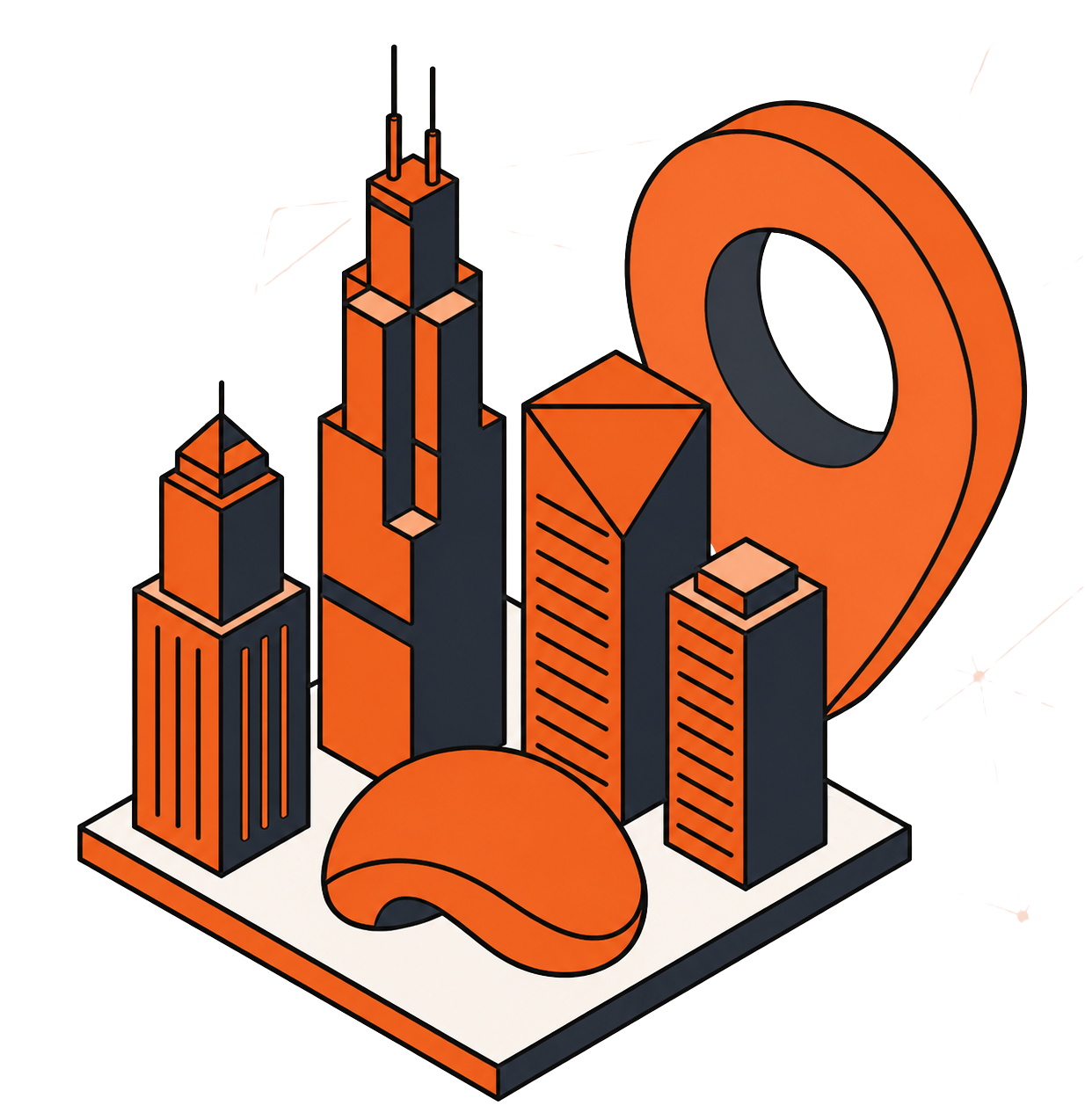 Orange isometric city skyline with location pin and map marker icon