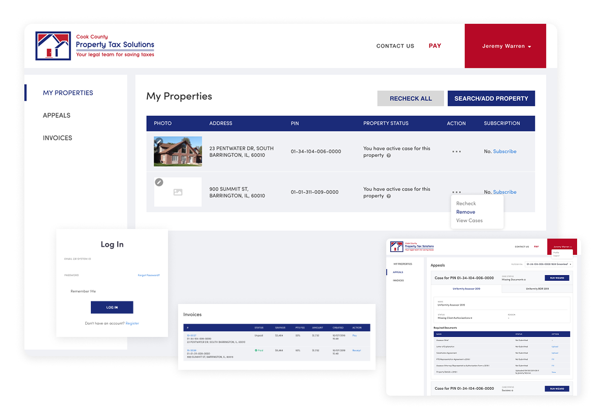 Web dashboard for financial records with blue-and-white tables, forms, and summary panels