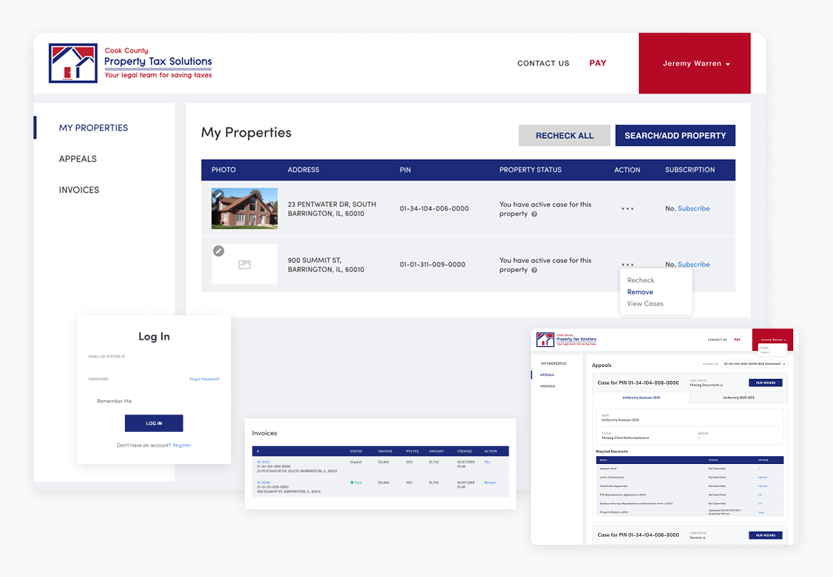 Property tax savings webpage with tables and a blue-red promotional banner on the right