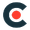 Black and orange circular logo with a white center on a light background