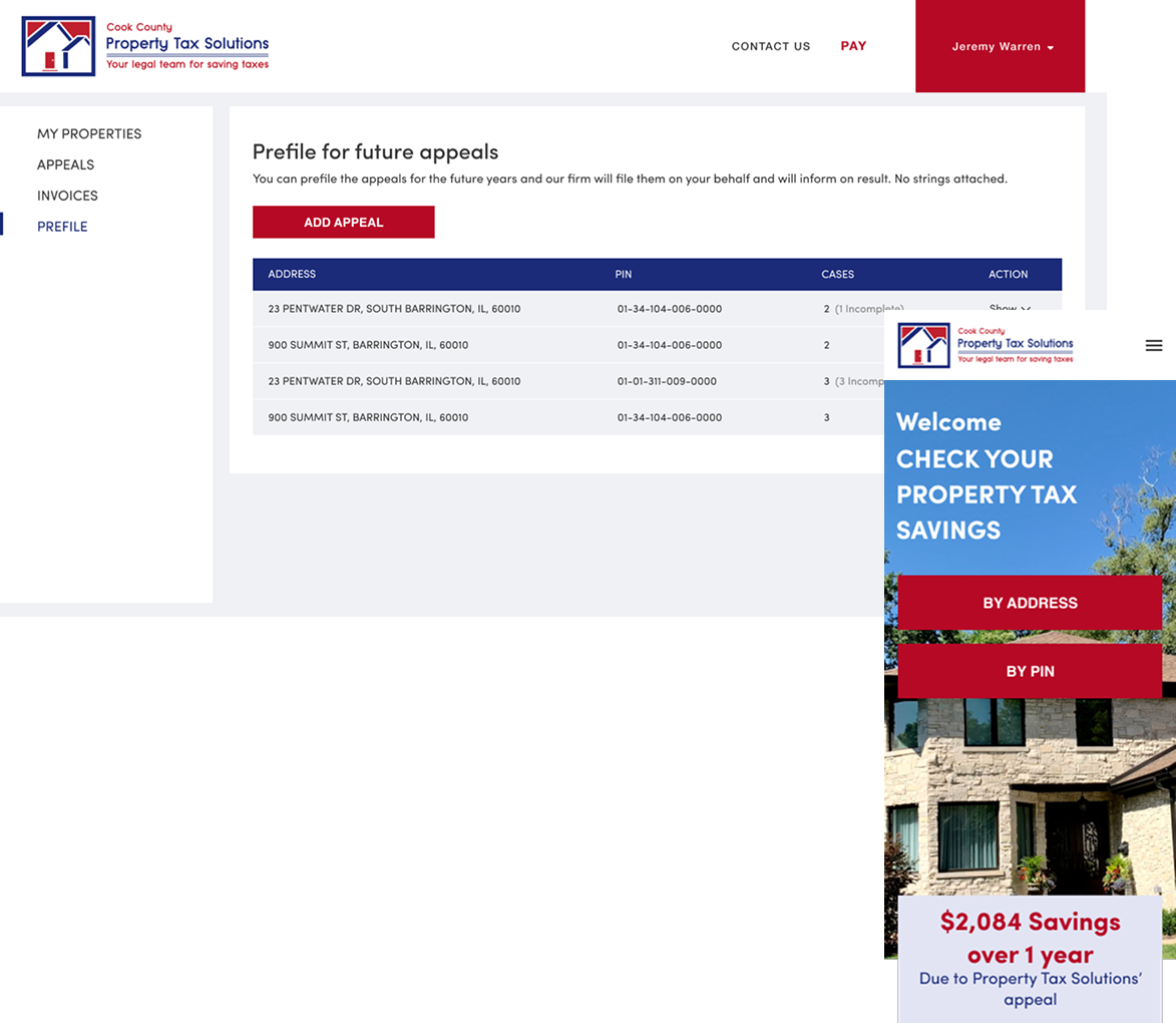 Property tax savings webpage with tables and a blue-red promotional banner on the right