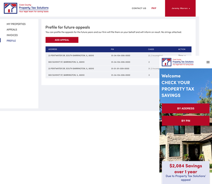 Property tax savings webpage with tables and a blue-red promotional banner on the right