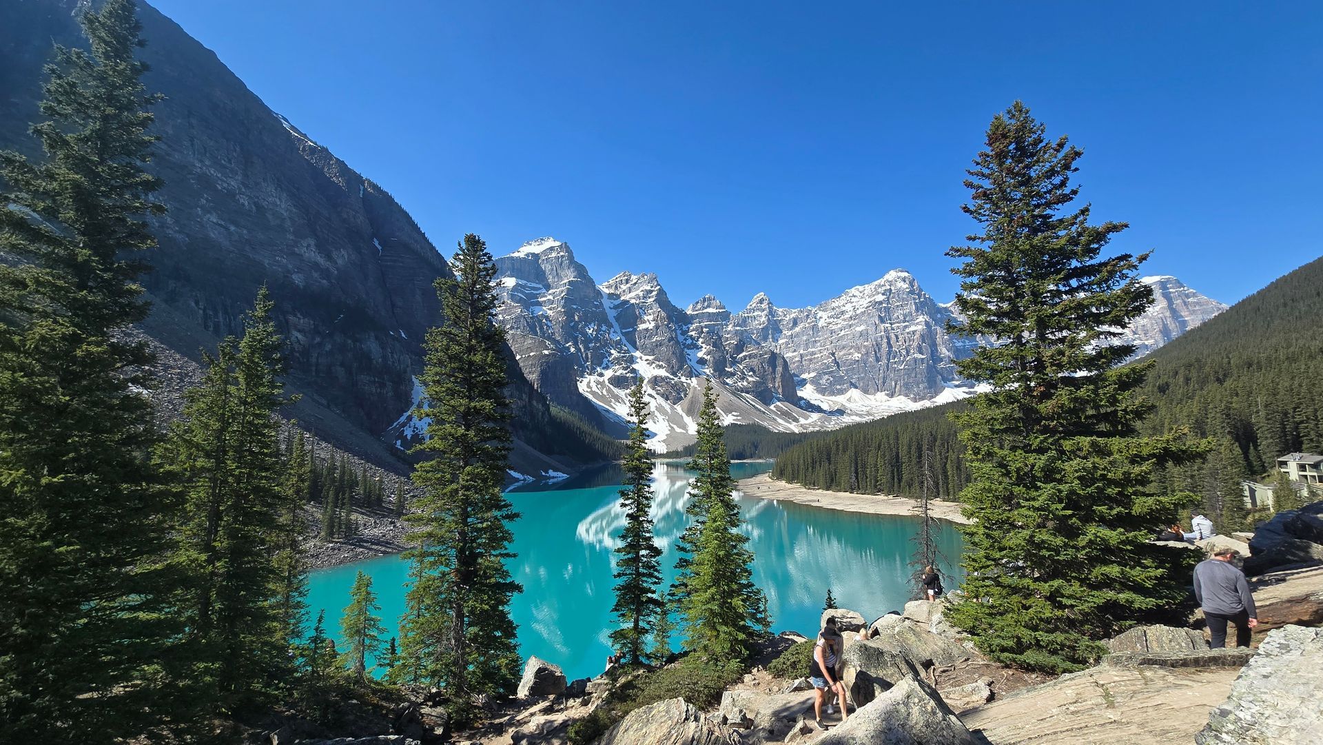 Turquoise alpine lake with pine trees, rocky shore, and snow-capped mountains under a blue sky