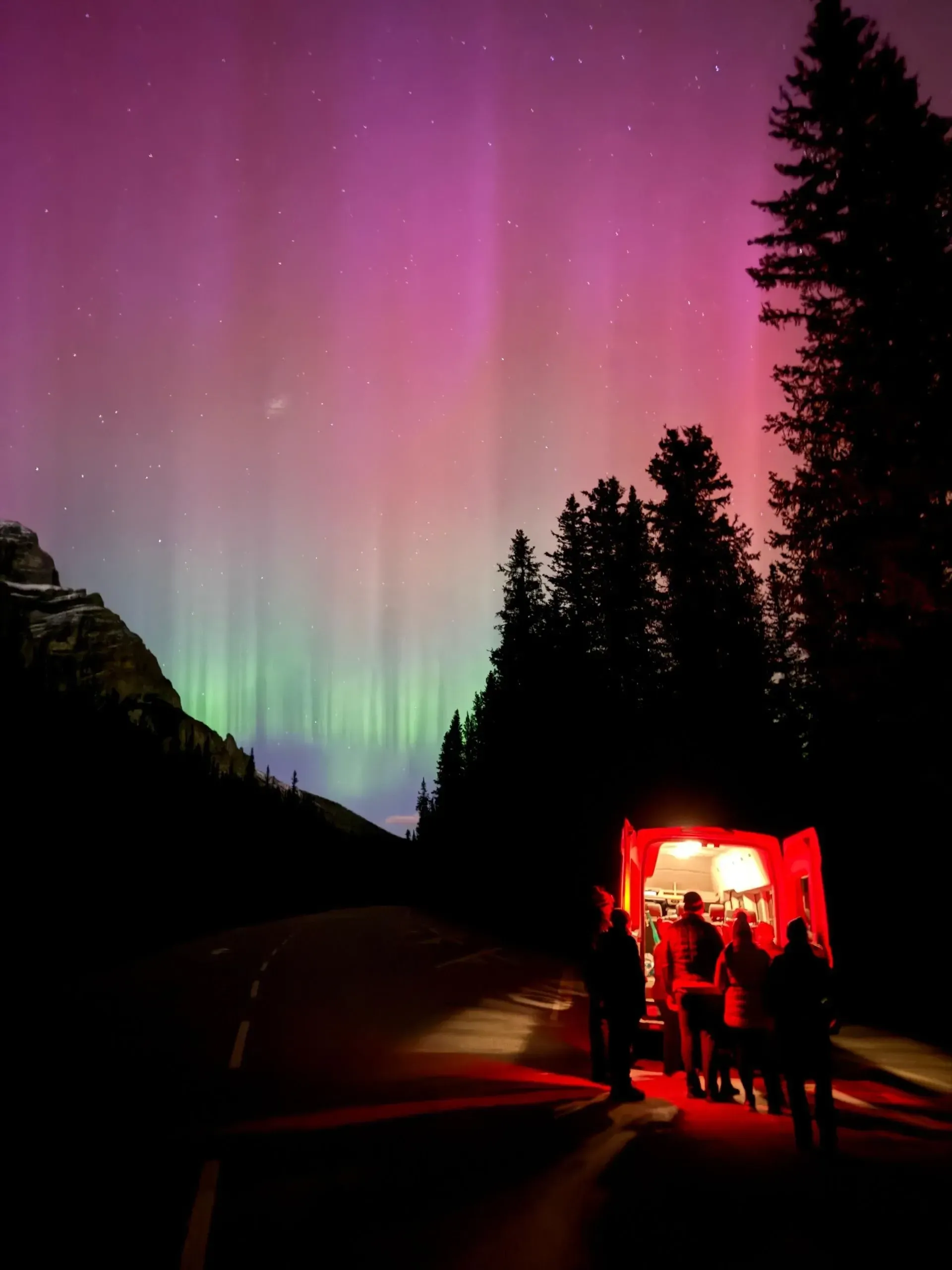 Aurora lights over a dark forest road with a red-lit vehicle at the bottom right