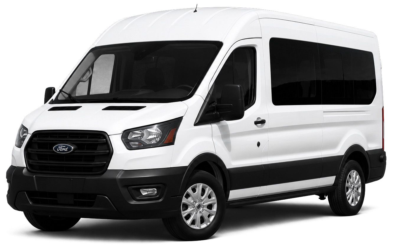 White Ford passenger van on a white background, angled front-left view