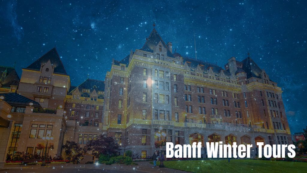 Snowy Banff hotel at night with illuminated windows and “Banff Winter Tours” text