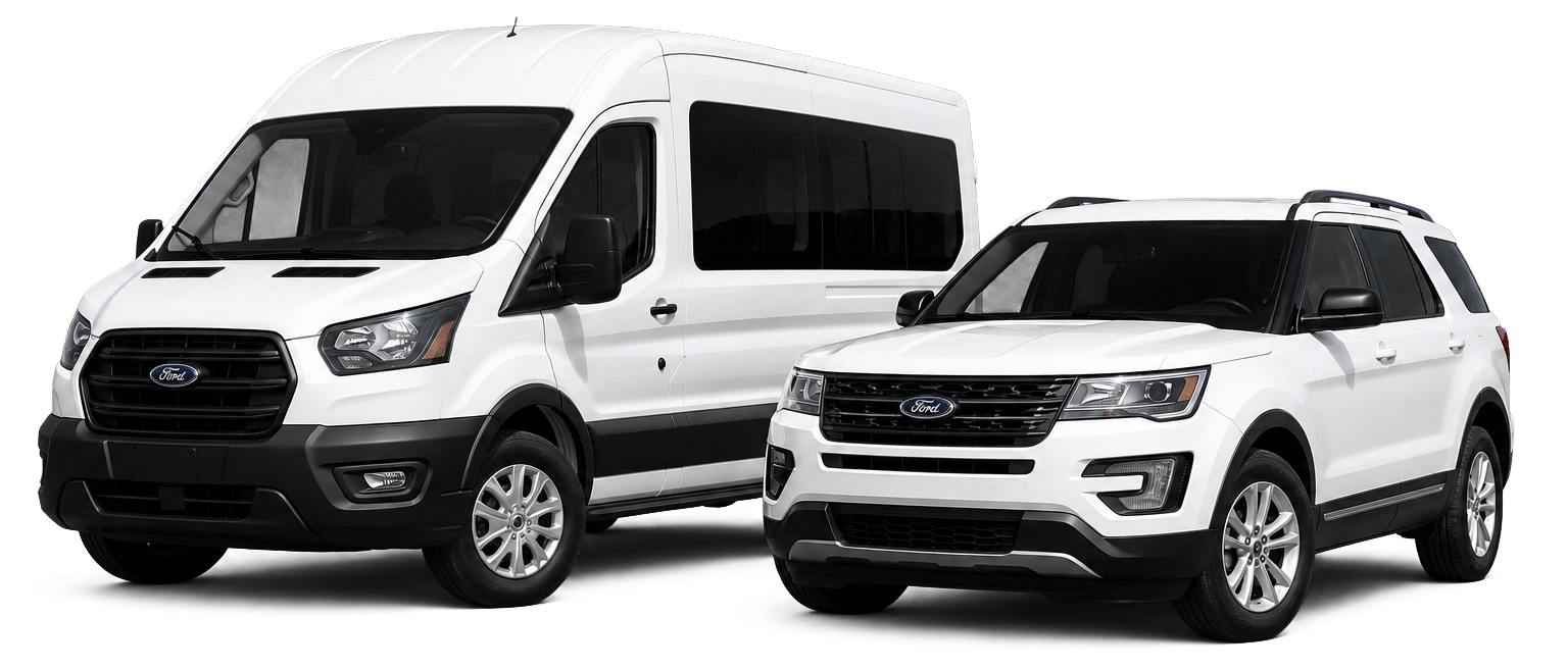 White cargo van and white SUV on a white background