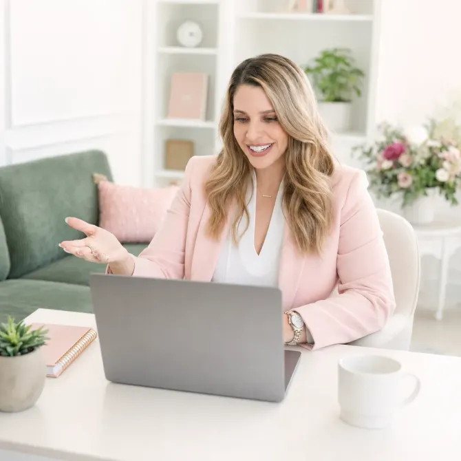 Woman smiling, wearing white shirt, blue jeans, arms crossed, sitting, pink art background.