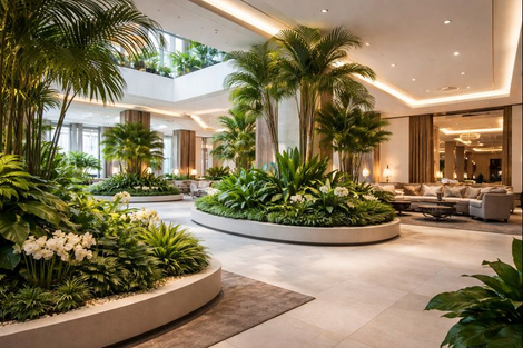 Rigoglioso giardino interno con palme e vegetazione nella luminosa hall dell'hotel 