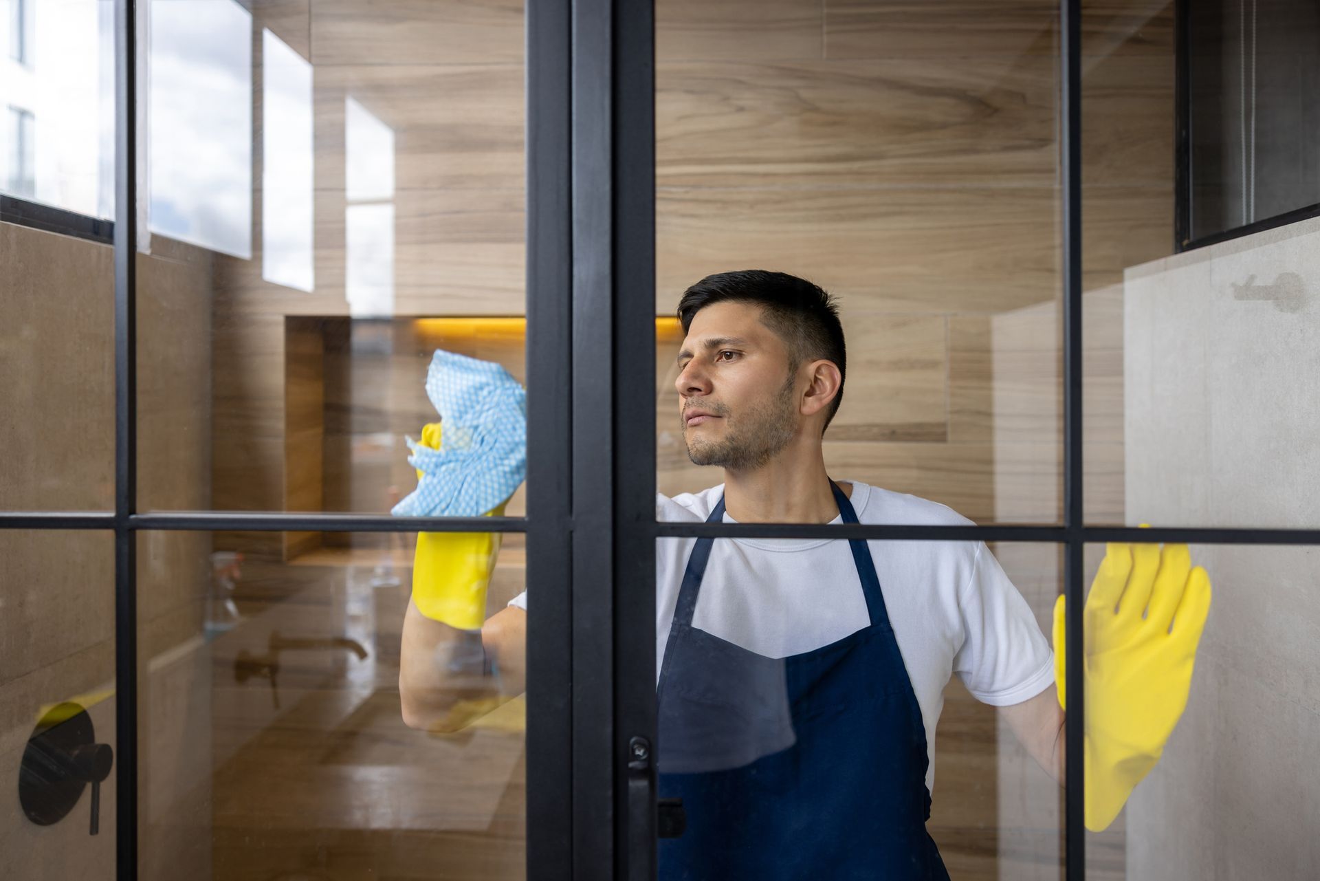 A man is cleaning a glass door with a cloth.