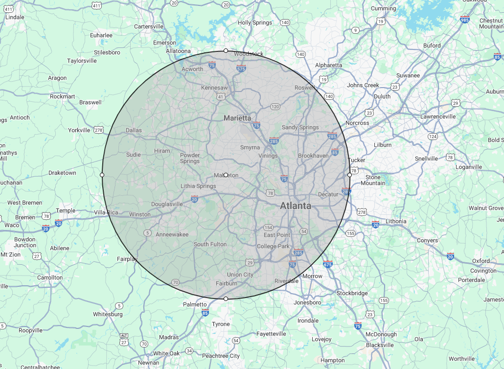 A map of a city with a circle around it. A map of a city with a circle around it.