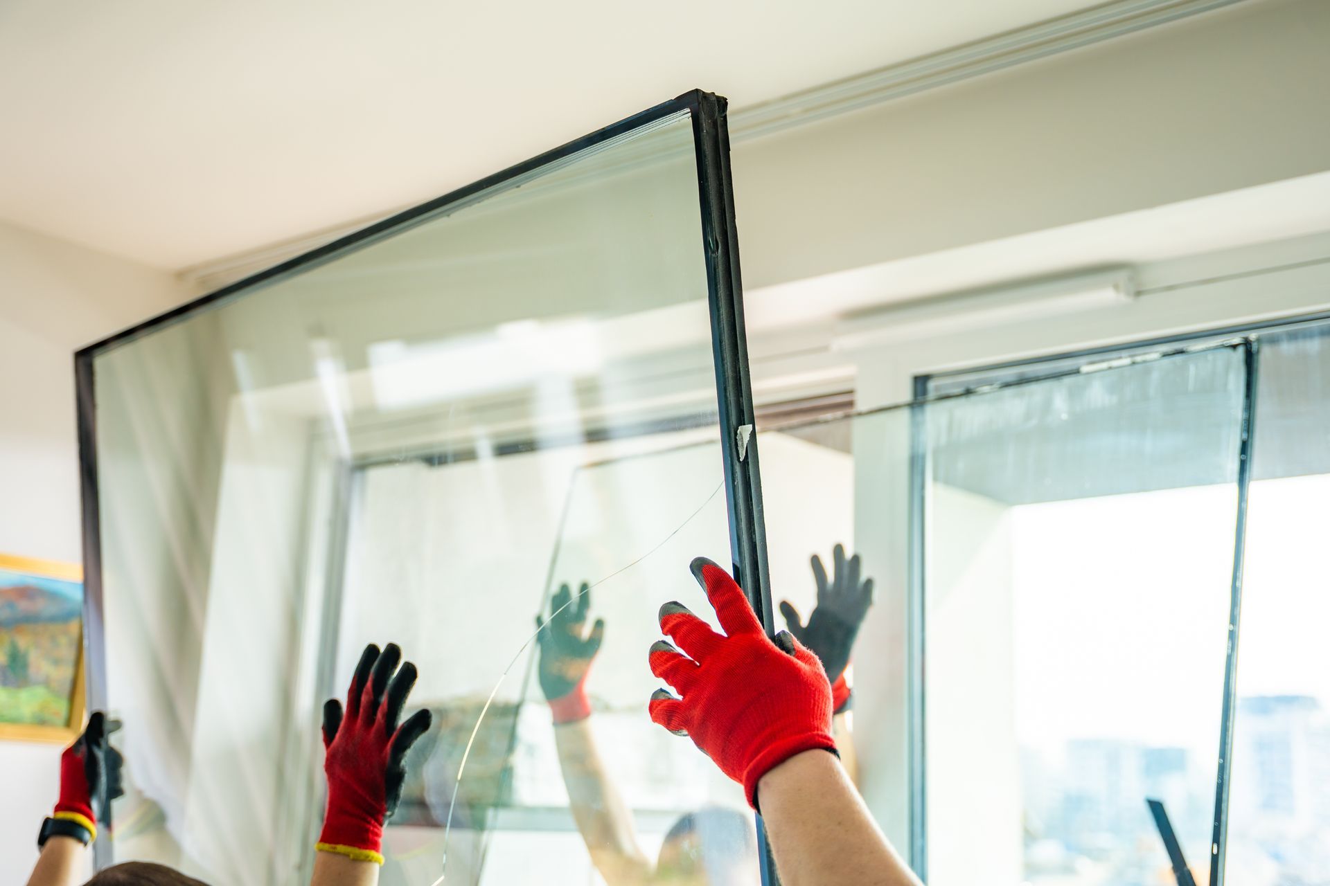 Hands wearing red gloves installing or handling large glass window panes in a bright indoor setting.