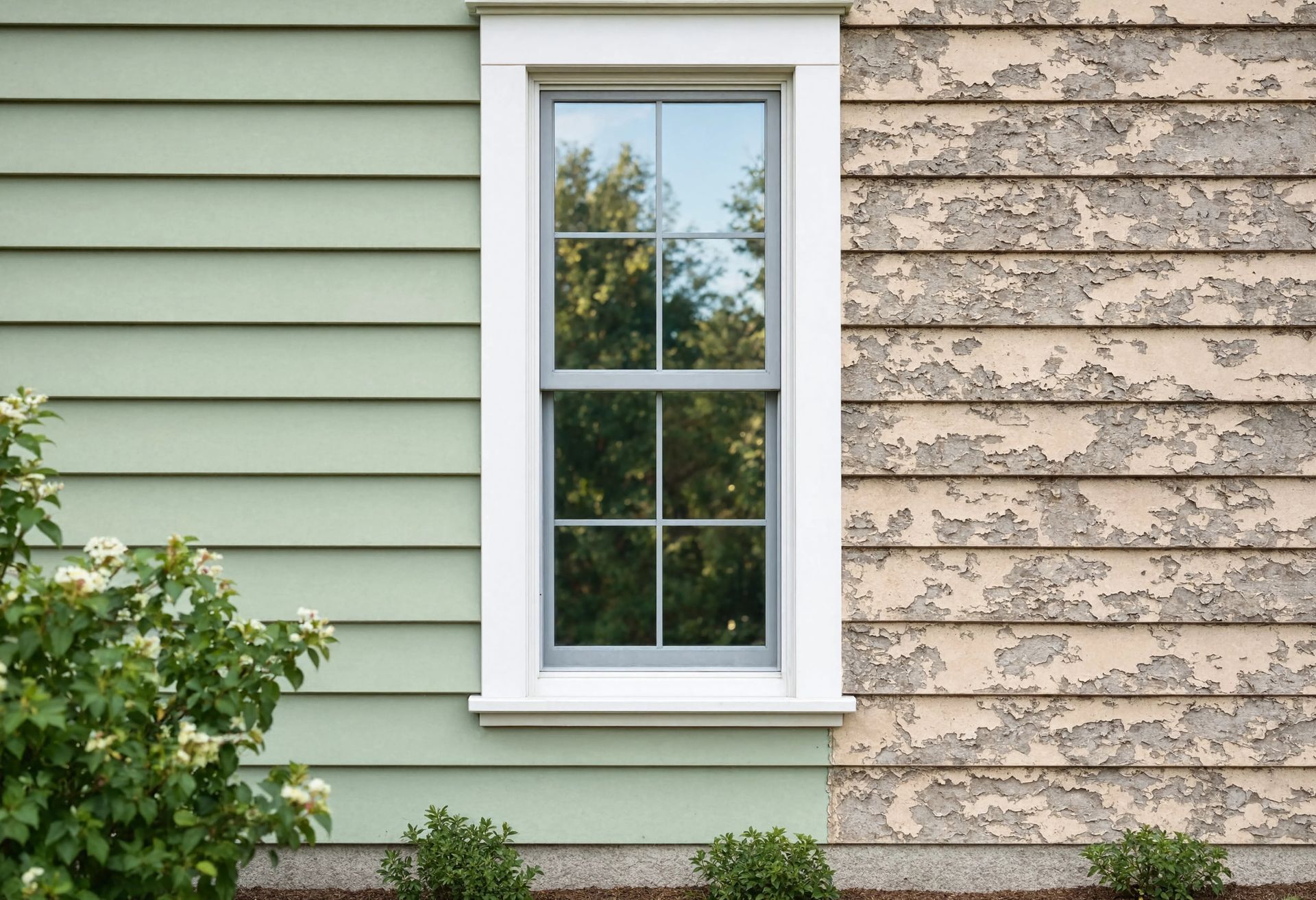 New painted vinyl siding contrasts with weathered wooden siding around a window