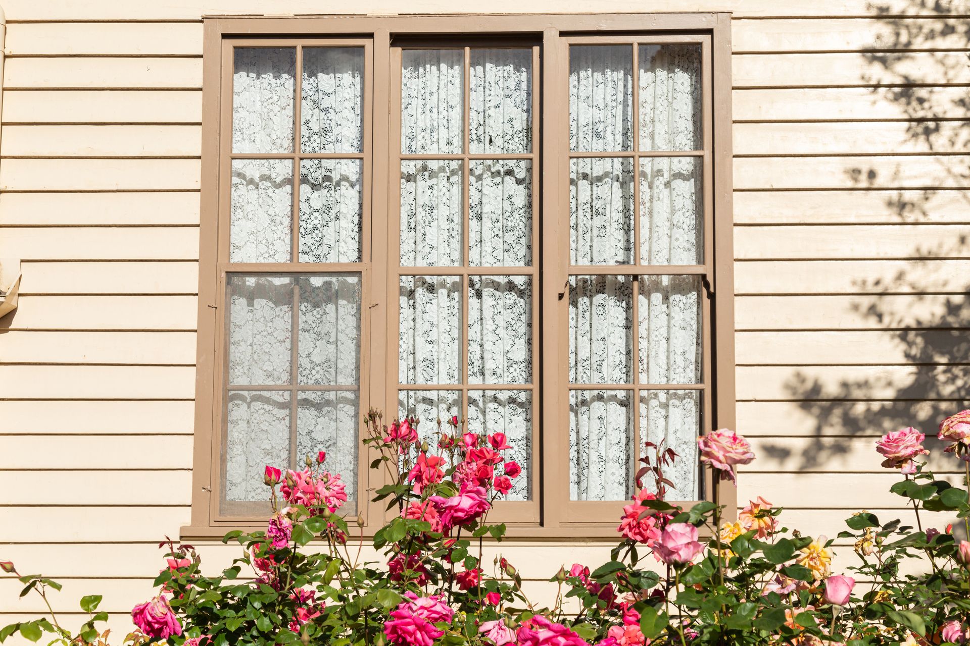 A house with a window and flowers in front of it