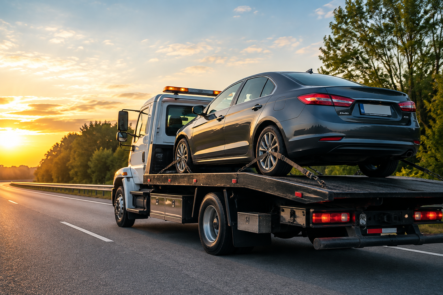 Flatbed tow truck transporting a passenger car in Midwest City, OK