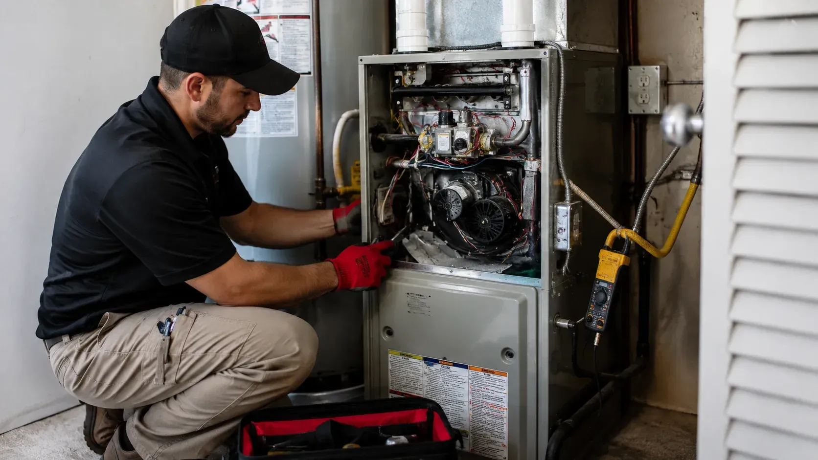 HVAC technician servicing home heating unit: cost to install a new furnace.