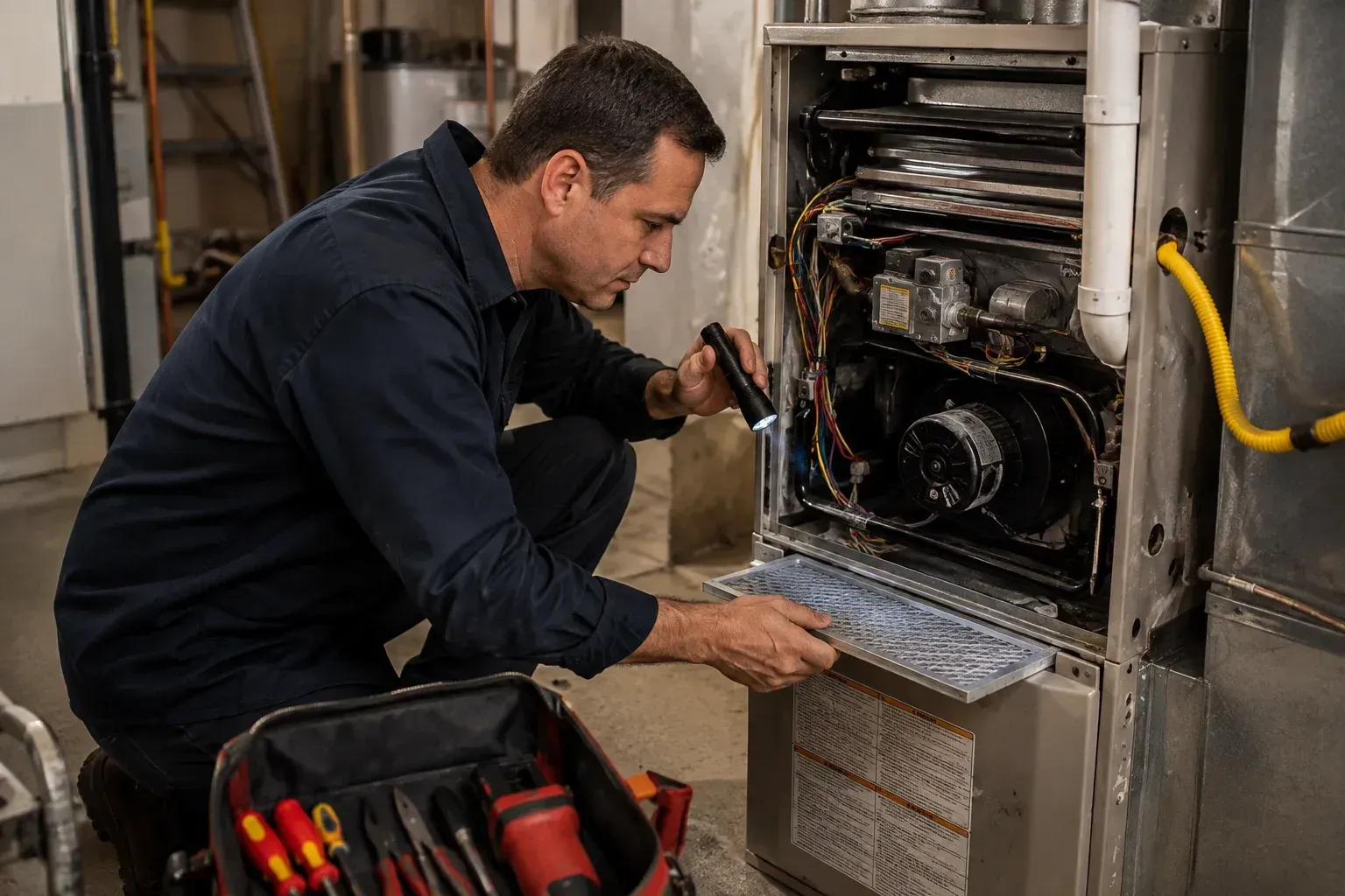 HVAC technician servicing home heating system: schedule furnace maintenance.