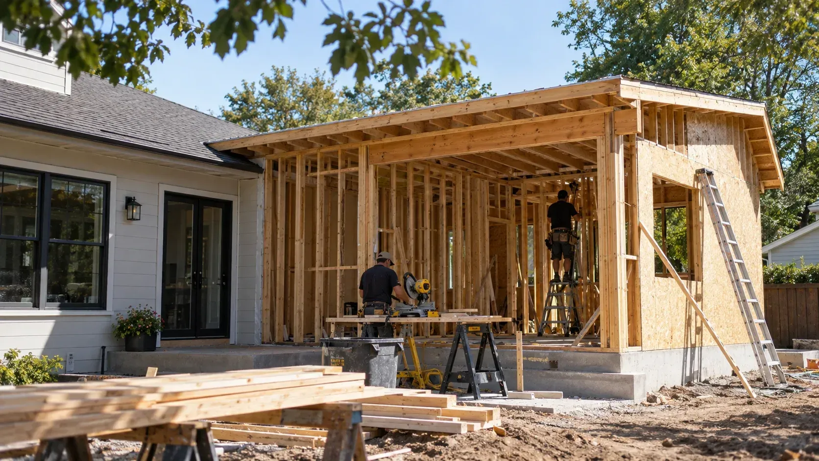 A house framing construction site showing workers building a home addition to explain how much does a home addition cost.