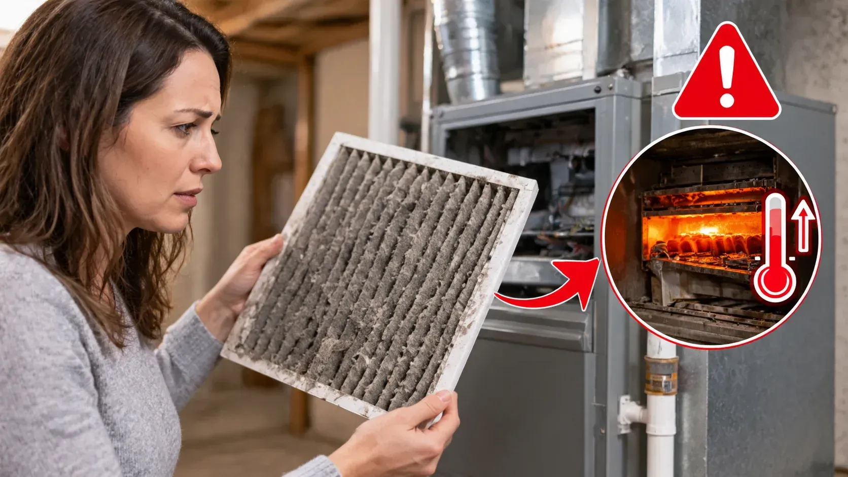 Homeowner holding a dusty dirty air filter in front of an open overheating furnace.