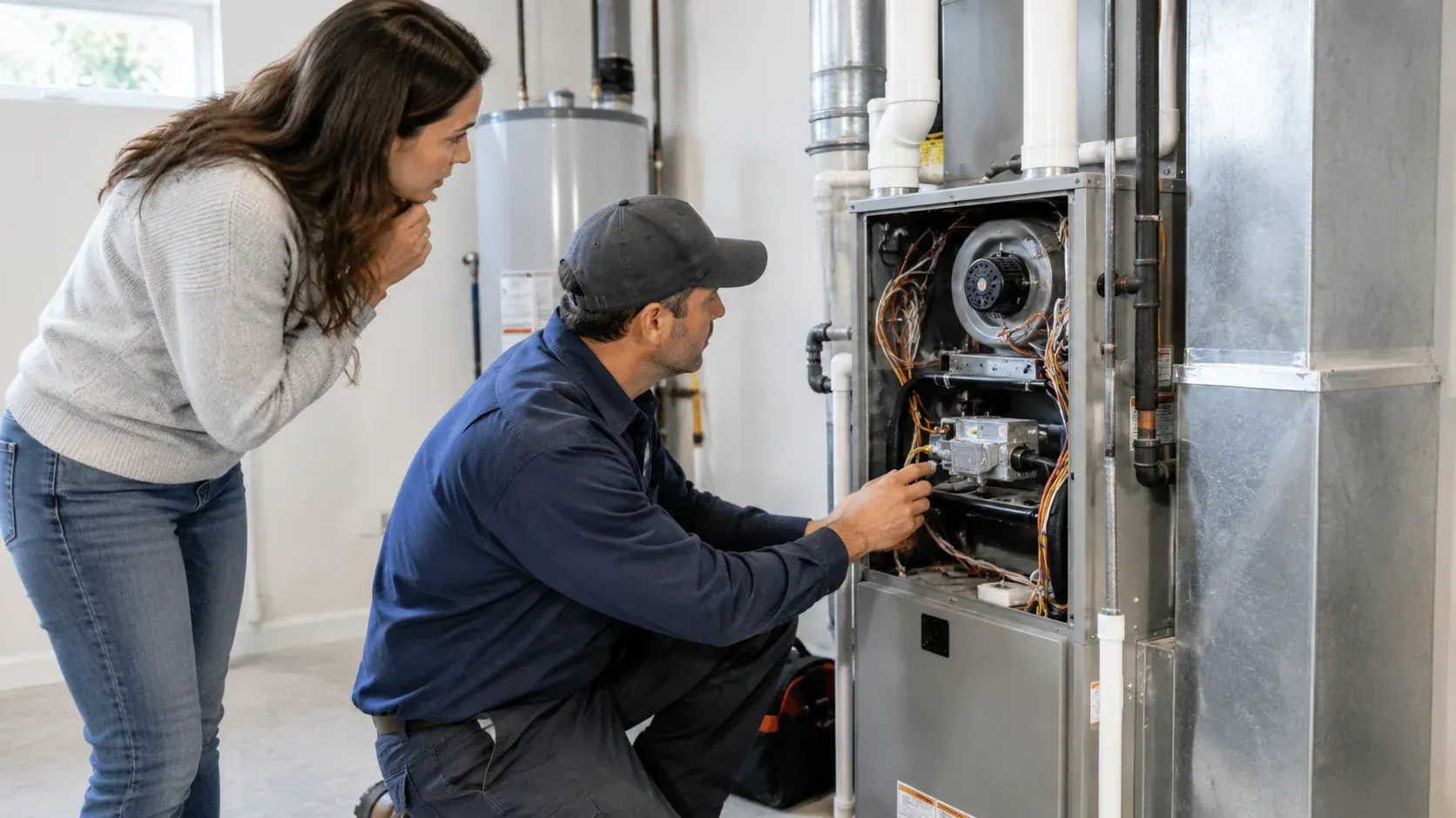 A technician in a blue uniform working on an open furnace in a basement while a homeowner looks on, illustrating a guide about Furnace Installation and Repair.