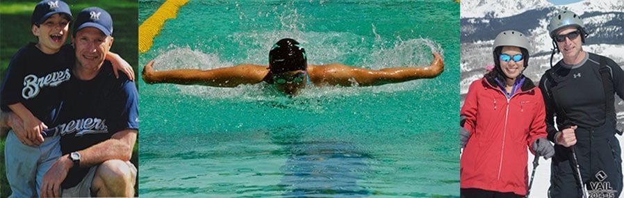 People enjoying activities: father and son, swimmer in pool, and skiers.