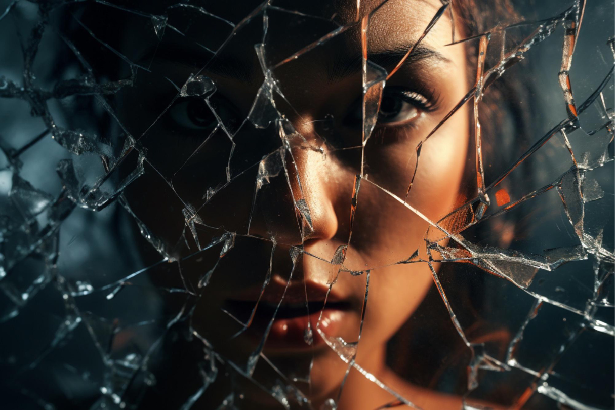 A woman looking through a broken glass window, highlighting the importance of security film for windows in San Antonio.
