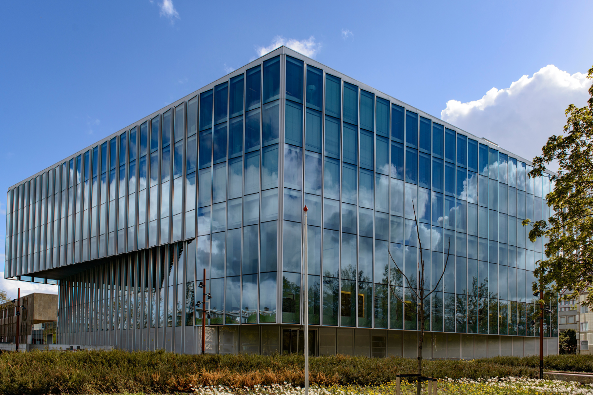 A large building with many windows and trees in front, protected with security tint in San Antonio.