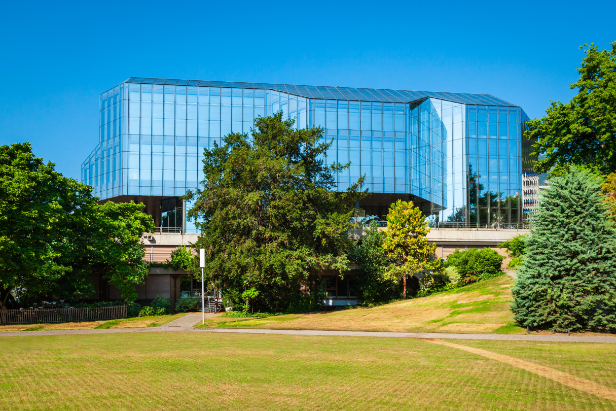A large building with many windows surrounded by trees and grass, with solar tint in San Antonio applied.