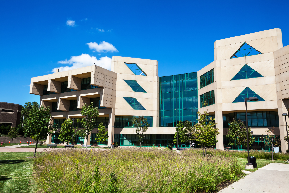 A large building with many windows and trees in front, featuring solar film for windows in San Antonio.