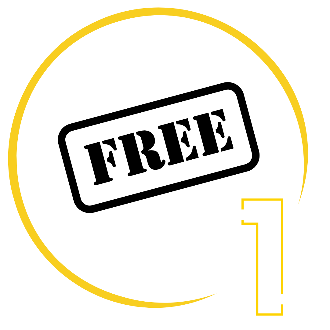 A free stamp in a yellow circle on a white background.
