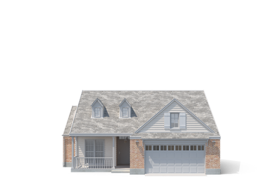 A model of a house with a garage and a porch on a white background.