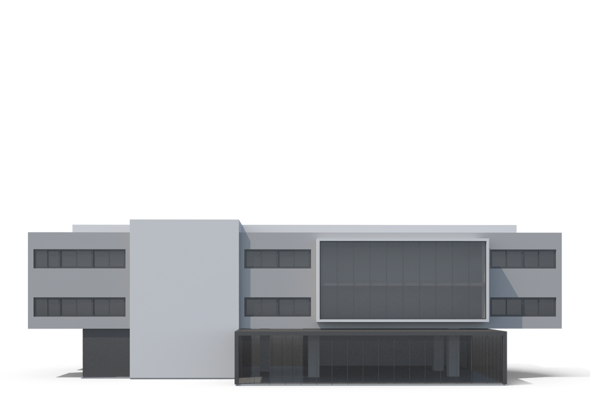 A 3D model of a large building with a billboard on the side, featuring privacy tint in San Antonio.