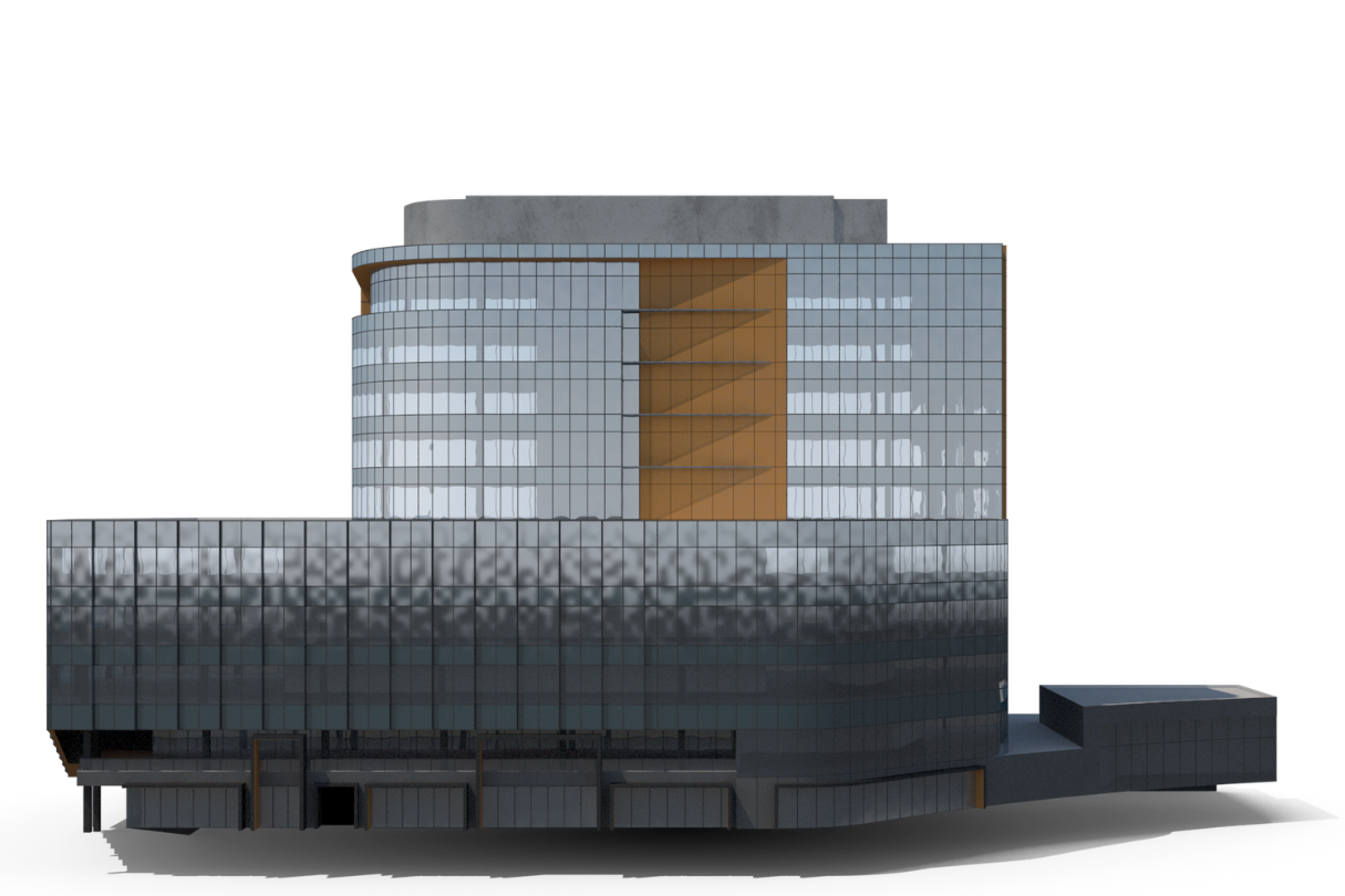 A 3D model of a large building with many windows on a white background, treated with privacy tint in San Antonio.
