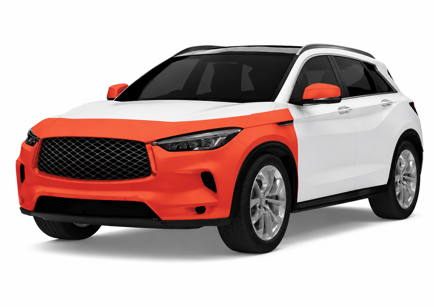 A red and white car with a red hood and fender.