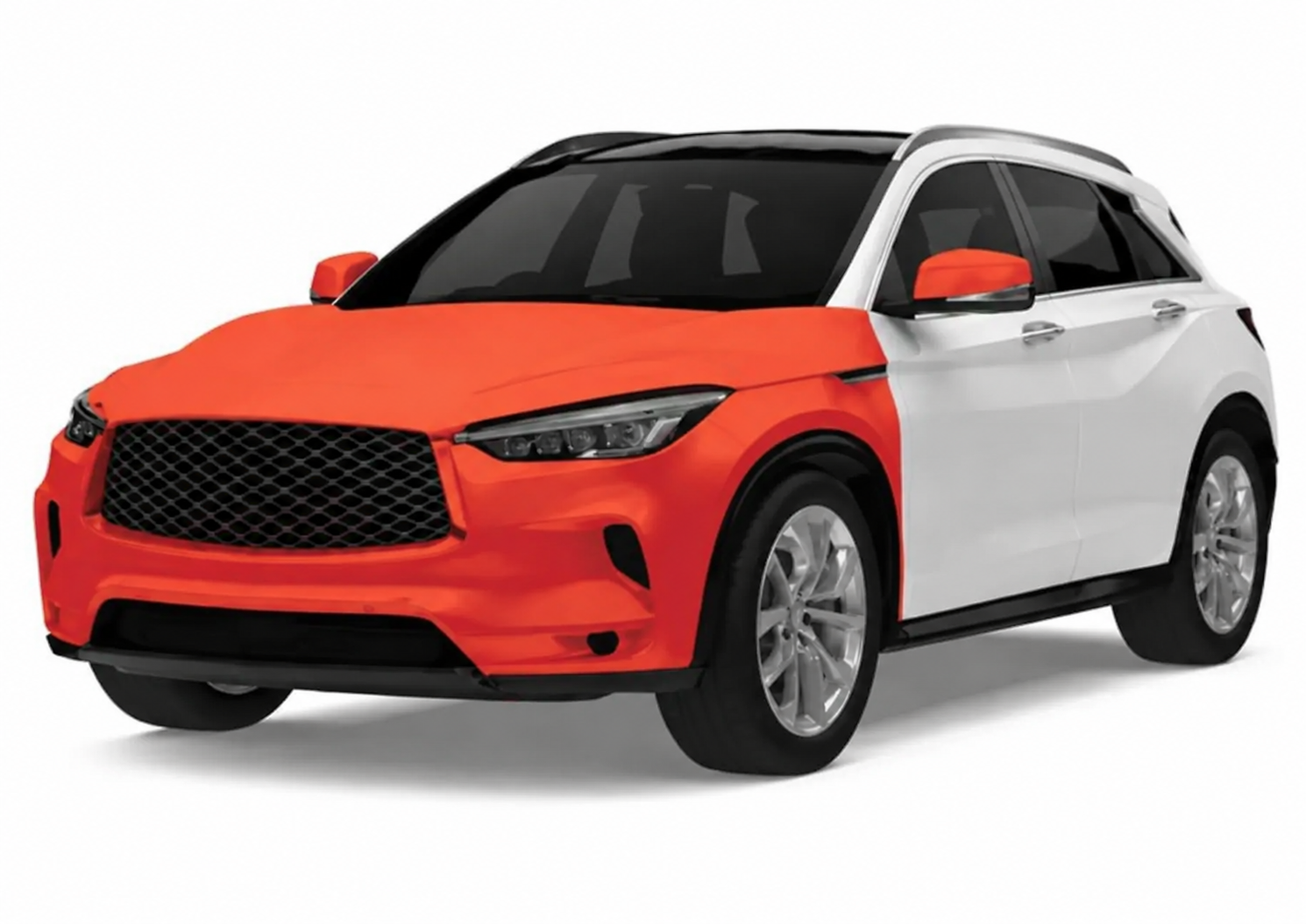 A red car is sitting on a white surface.
