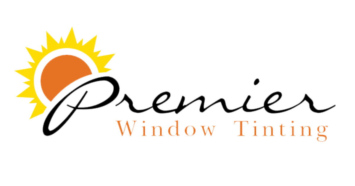 A logo for premier window tinting with a sun in the background