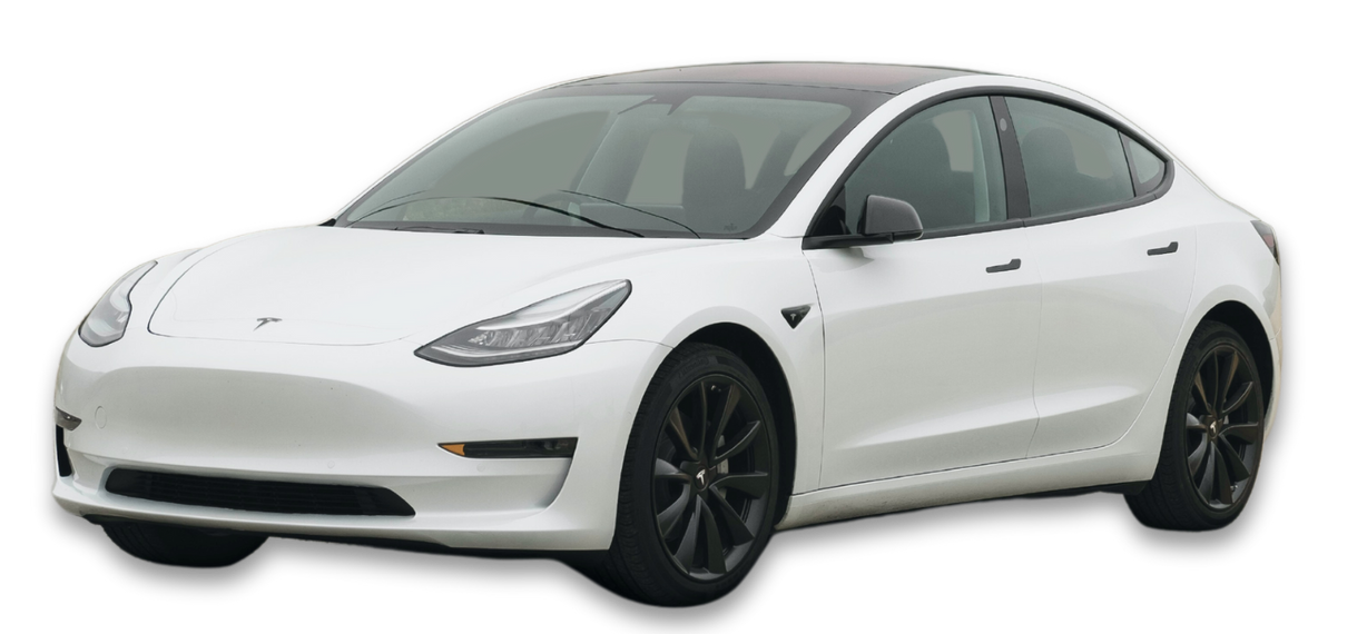 A white tesla model 3 is shown on a white background.