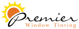 A logo for premier window tinting with a sun in the background