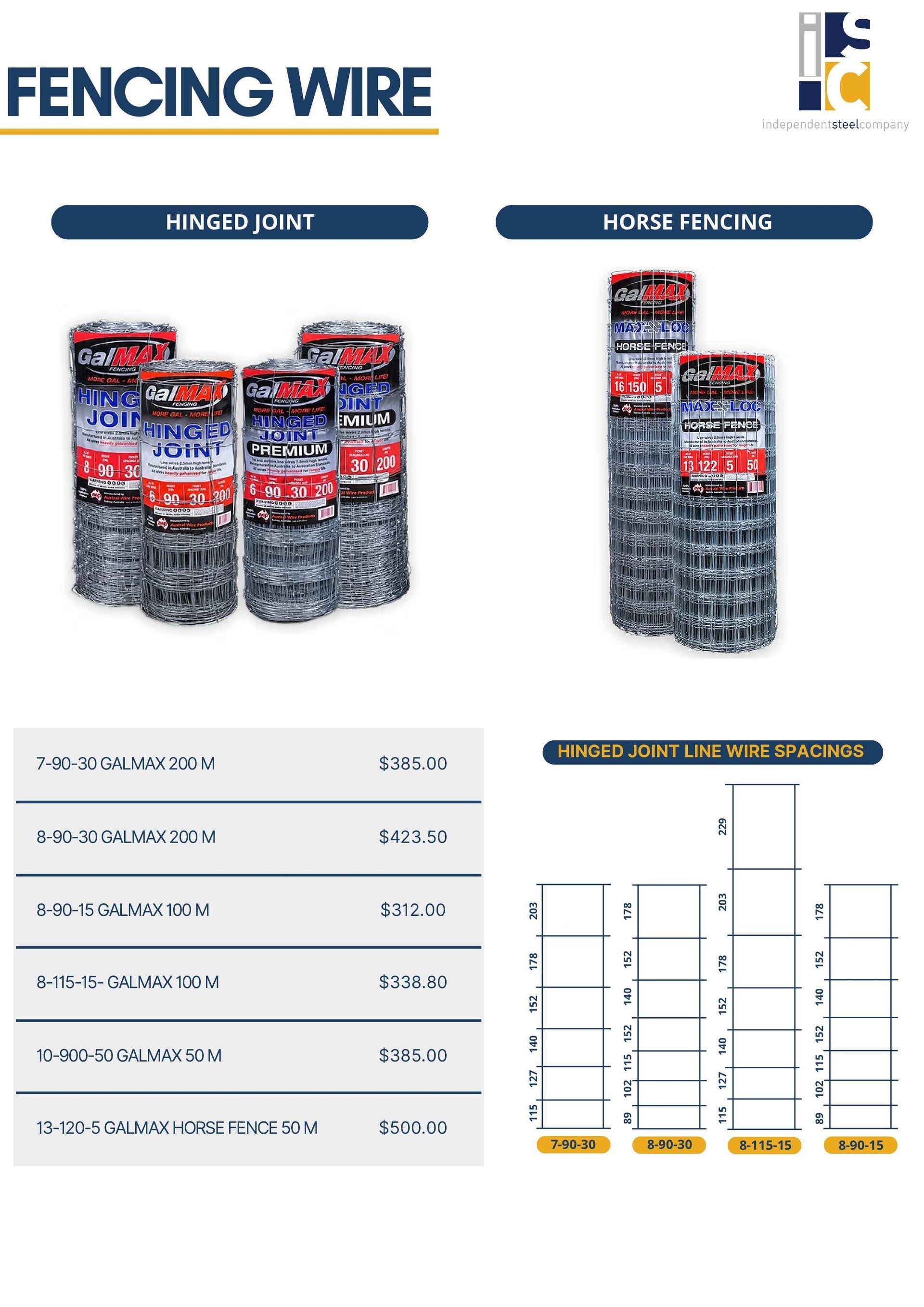 Fencing wire product catalog showing Hinge Joint and Ringlock fence rolls with specifications and diagrams.